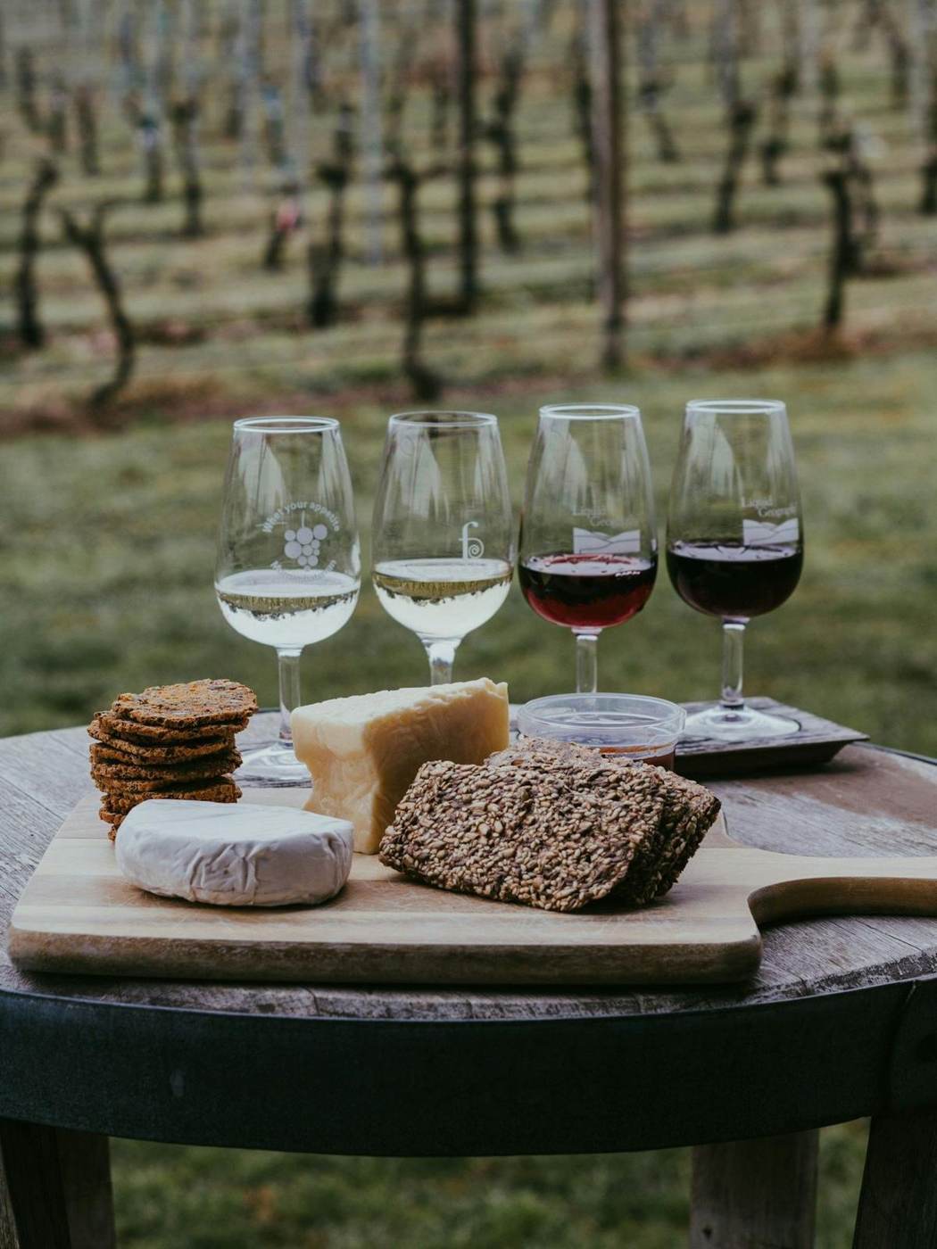 Calici e formaggi su tagliere in vigna